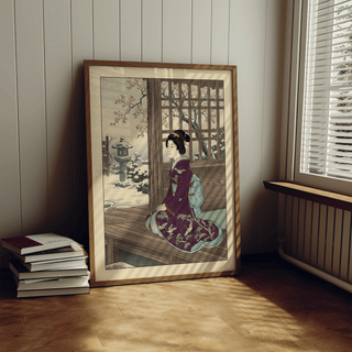 Print leaning on floor of Hasui Kawase Geisha Print showing a woman in a purple kimono next to a window with blinds