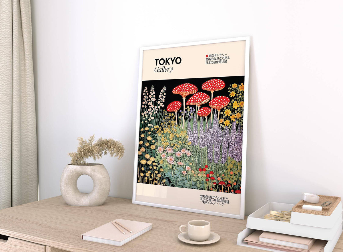 Japanese Vintage Art print leaning on a desk with red fly agaric mushrooms and botanical details