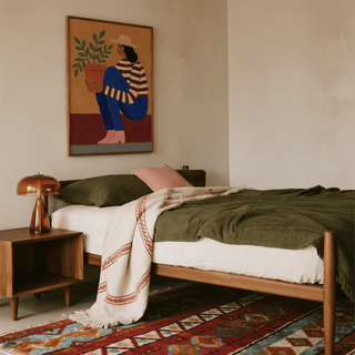 Woman Plant wall art of a woman in a striped top holding a green plant hung above a bed with green bedding