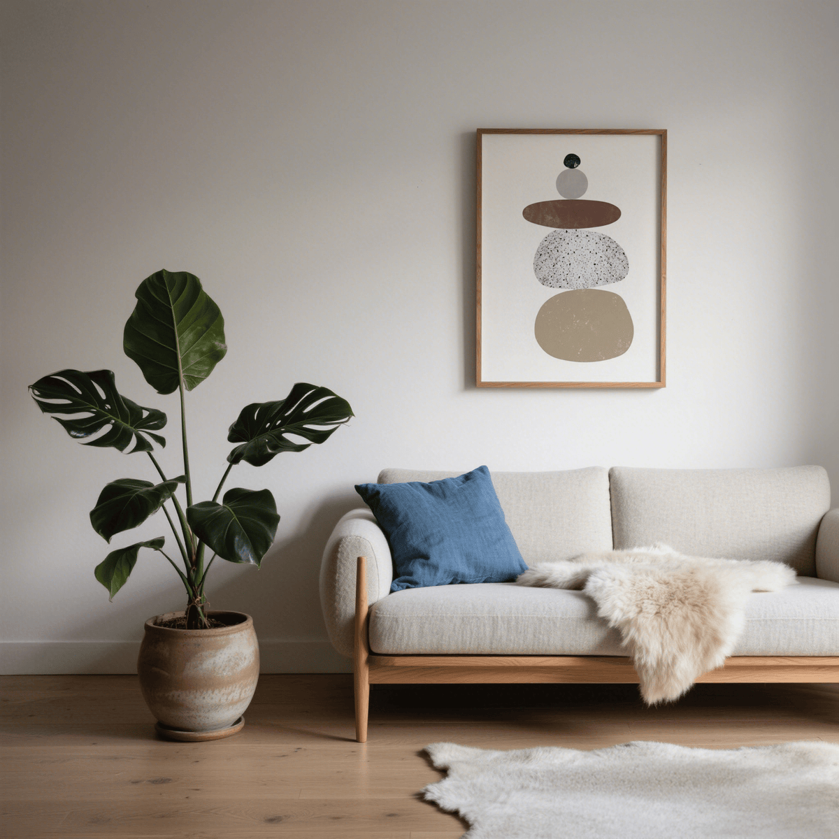 Abstract Rock Art Print of stacked shapes in muted colours above a cream sofa with blue cushion