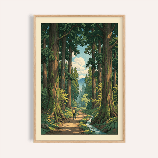 Framed forest path wall art showing a hiker on a shaded trail with tall trees and blue sky