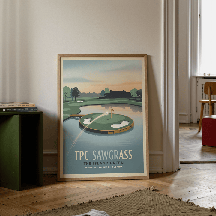 Print leaning on a floor of Island Green Golf Wall Art with soft evening colours beside a green side table