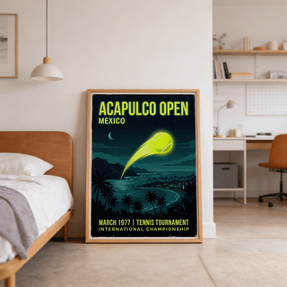 Acapulco Open Tennis Art Print leaning on floor with retro tennis ball and beach design in a bedroom