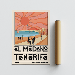 Tenerife Travel Poster flat print with a beach scene and vibrant retro colours beside a packaging tube