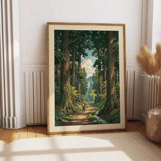 Framed Forest Path wall art of a hiker in green and brown woods leaning against a polar white wall with a decorative beige vase nearby