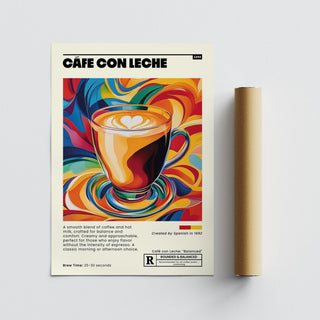 Cafe Con Leche Art print placed on a surface next to a packaging tube