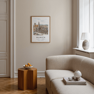 Munich City Wall Art print of a watercolour city skyline with birds above a wooden side table