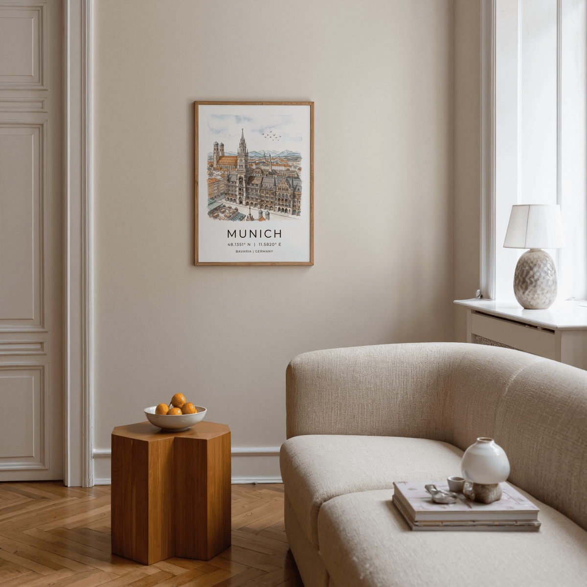 Munich City Wall Art print of a watercolour city skyline with birds above a wooden side table