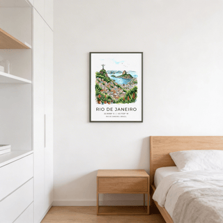 Rio De Janeiro art print of a watercolour tropical landscape with green hills and blue sea in a bedroom
