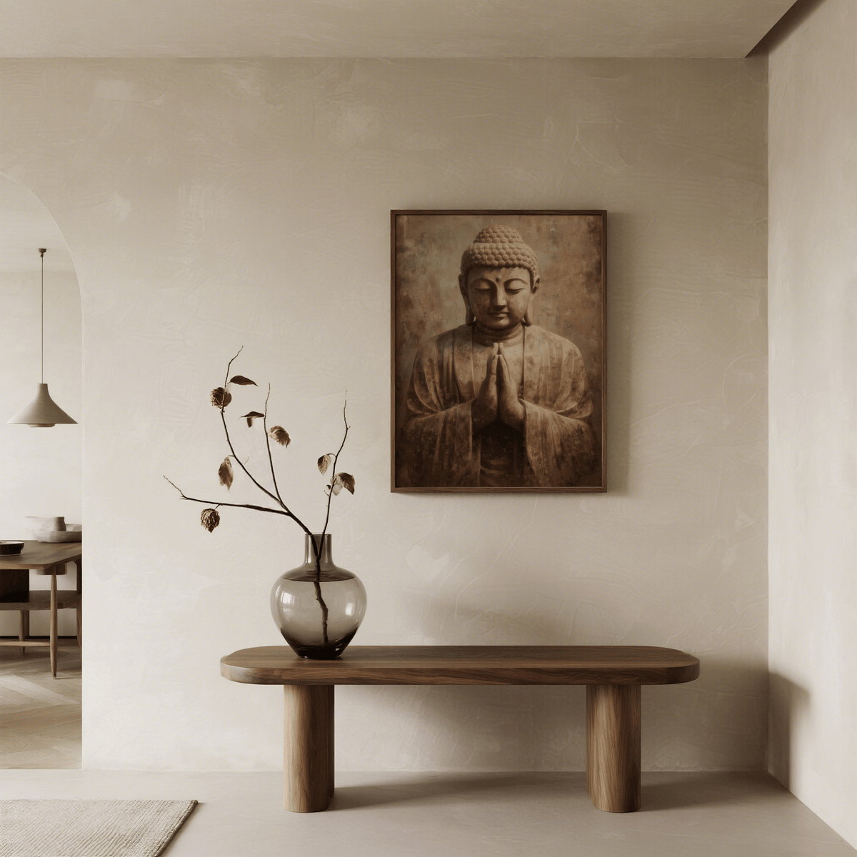 Meditative Art Print on a wall in a neutral room above a wooden table with a vase and dried branches
