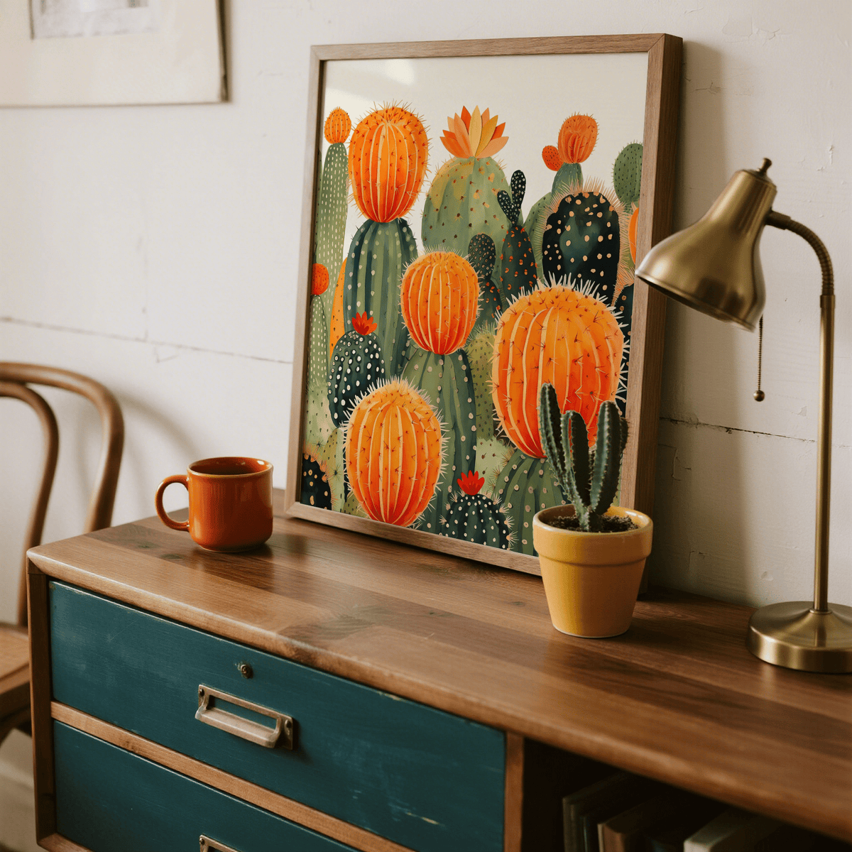 Large cactus wall art leaning on a wooden sideboard with a small potted cactus and brass desk lamp