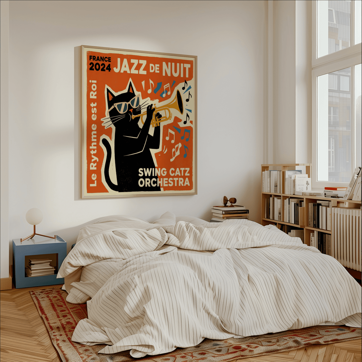 Jazz Cat Art print on a bedroom wall above a bed with white striped bedding and a small lamp