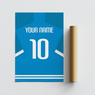 Bright blue football shirt poster with white number 10 and text leaning next to a packaging tube