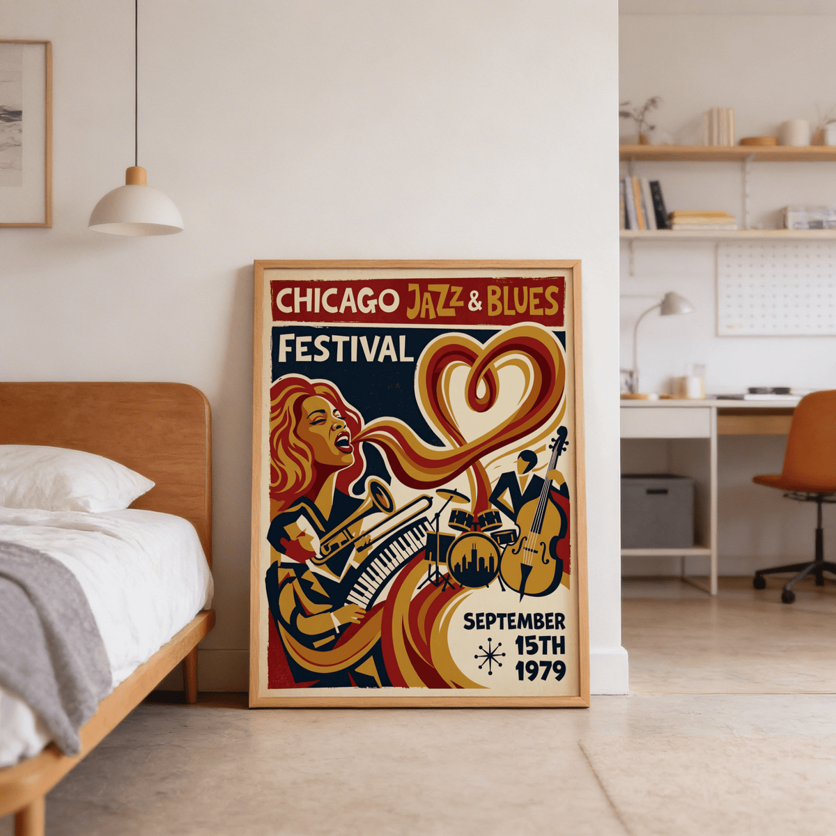 Print leaning on floor of the Chicago Jazz Festival Print showing a jazz band in retro colours near a bed