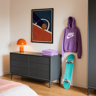 Vintage Basketball Poster print on a bedroom wall above a grey dresser with a purple hoodie