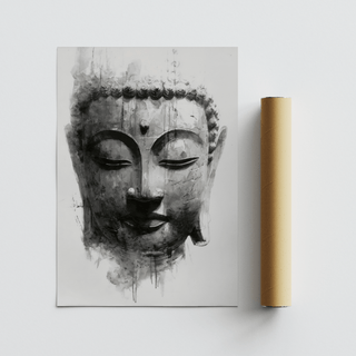 Buddha wall art in black and white watercolour style beside a brown packaging tube