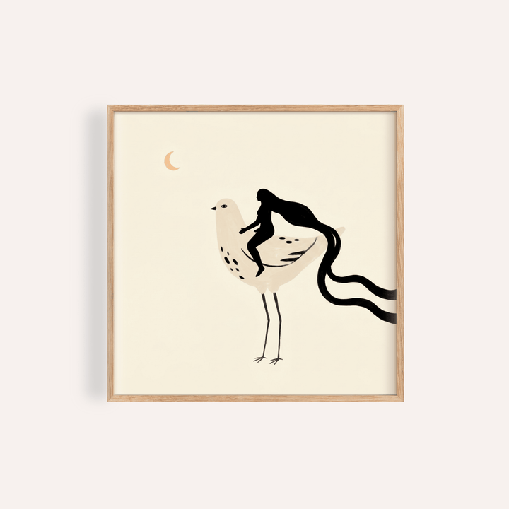 Framed print close-up of whimsical bird art print with a woman riding a bird and a muted cream background