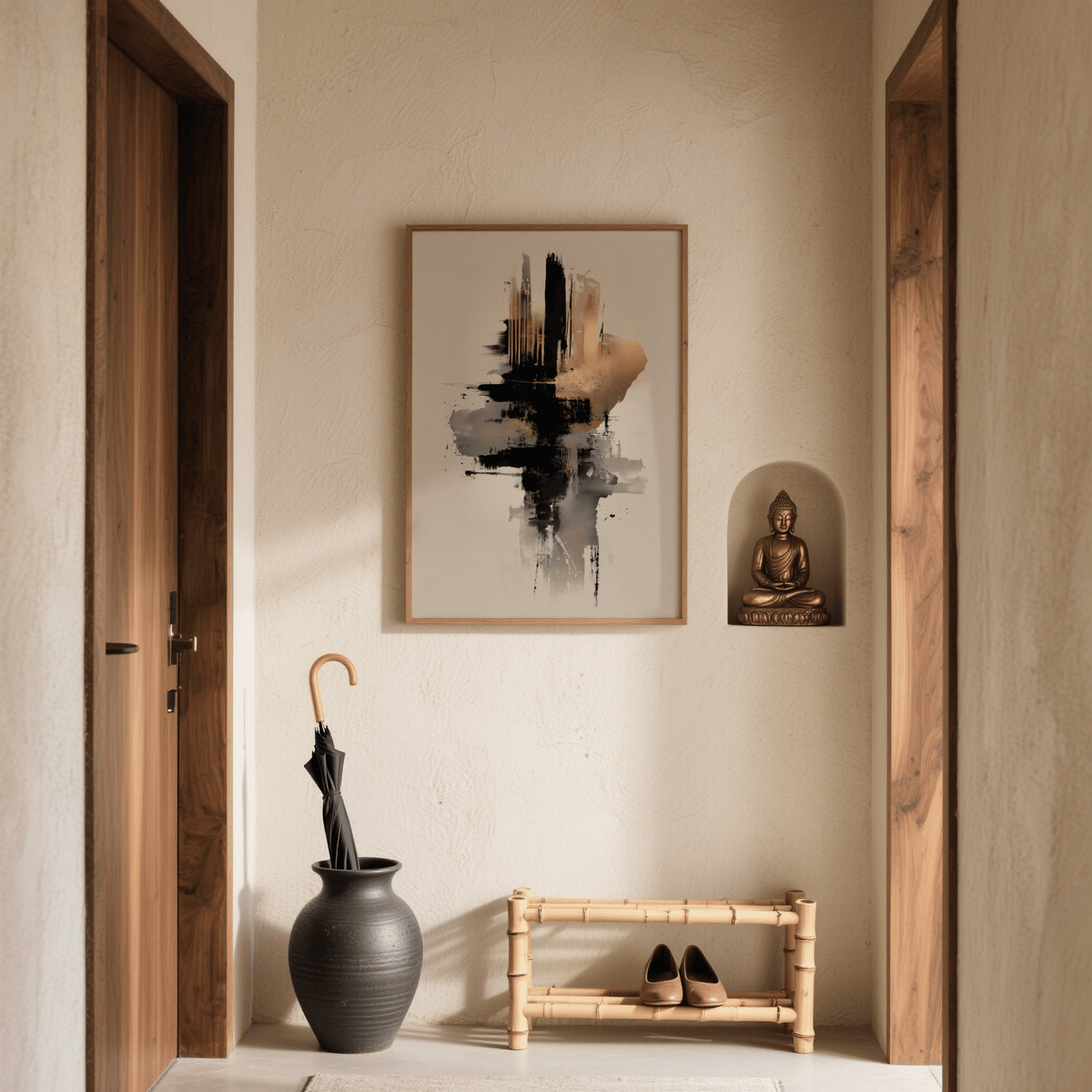 Gold and black poster with abstract brush strokes on a cream wall with a Buddha statue