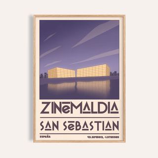 Framed San Sebastian wall art showing minimalist conference centre buildings illuminated in yellow with purple sky