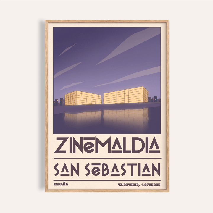 Framed San Sebastian wall art showing minimalist conference centre buildings illuminated in yellow with purple sky