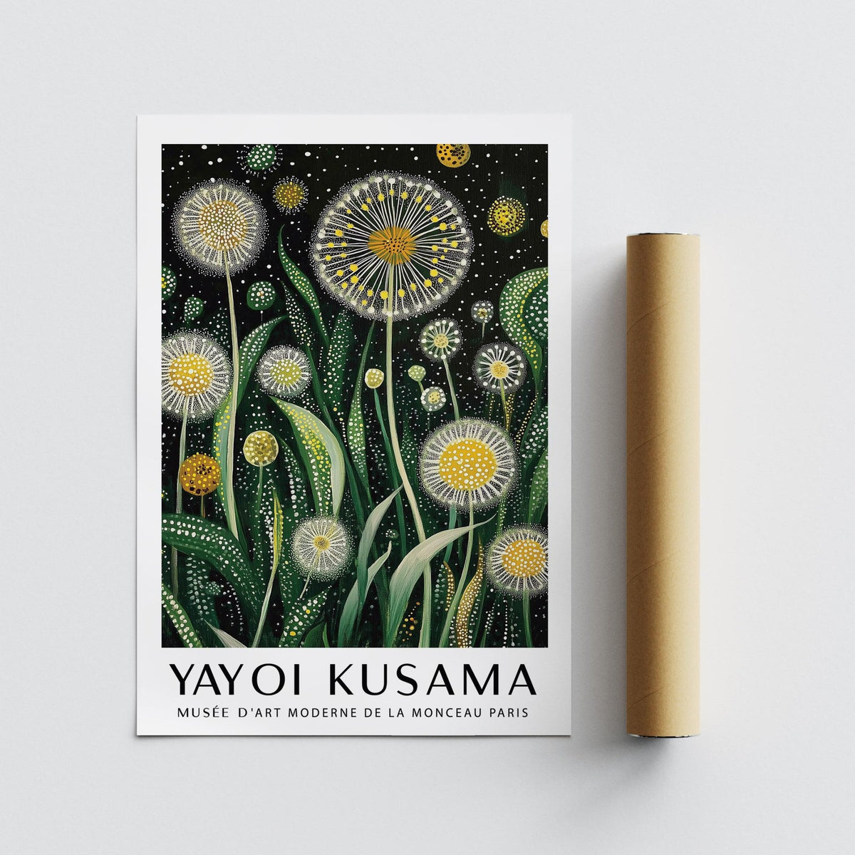 Floral wall art modern with dandelion flowers in white and yellow tones rolled next to a brown tube