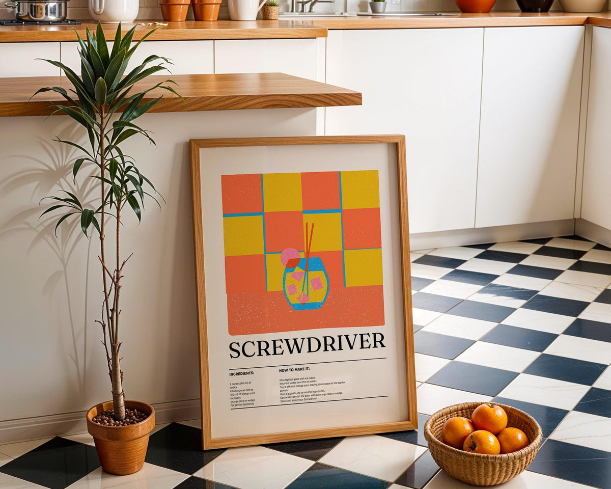 Art Prints Kitchen showing screwdriver cocktail print leaning on floor with fruit basket and plant