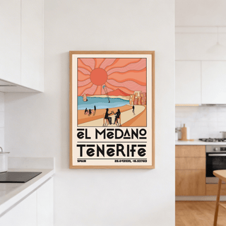 Tenerife Travel Poster framed print with sun and beach scene in warm orange and blue tones in a kitchen