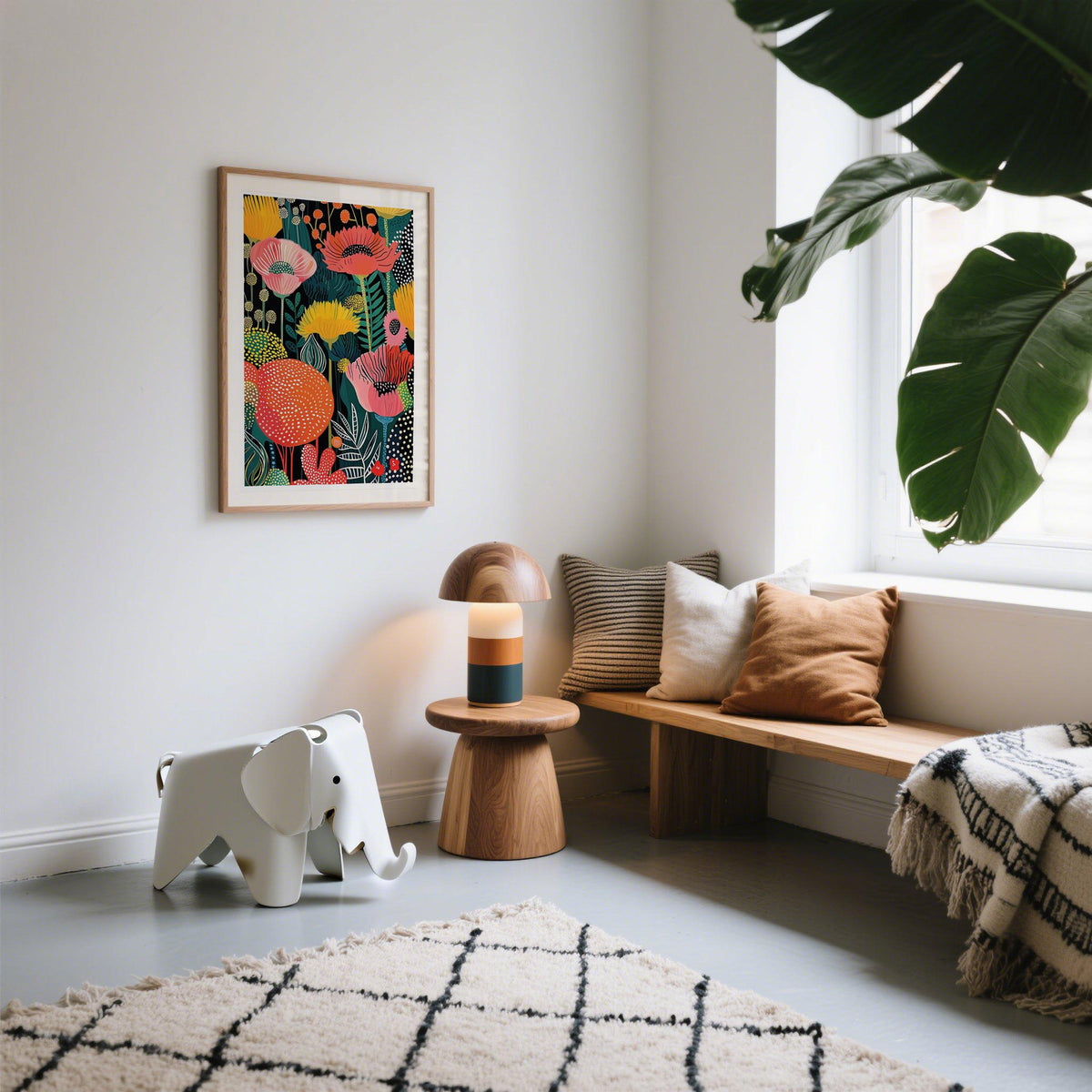 Wall Art Flower print of colourful poppy flowers in a wooden frame in a bright room with a wooden side table