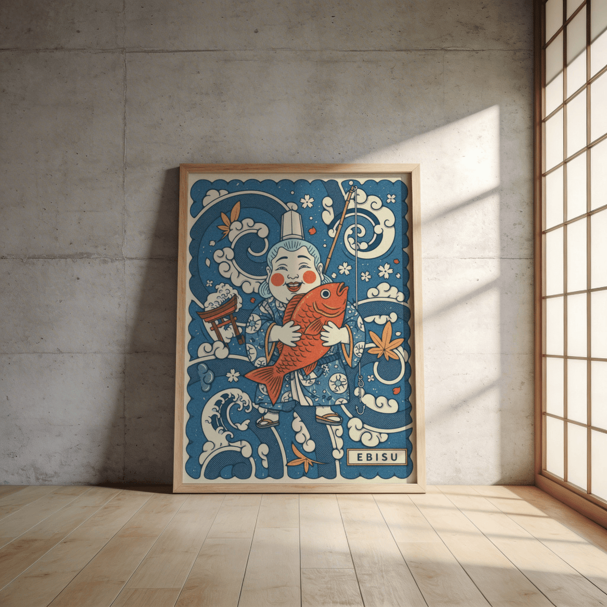 Print leaning on floor showing Japanese Ebisu wall art with blue background and red fish near a bright window