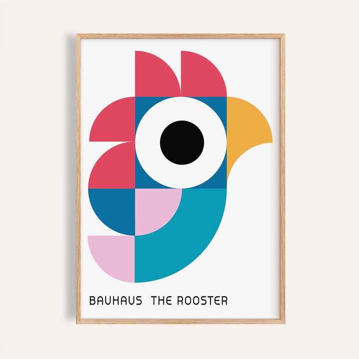 Framed print of geometric pattern art with abstract rooster shapes in bold colours