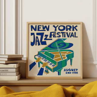 Print showing New York Jazz Festival illustration with a green piano and typographic text leaning on a shelf beside books
