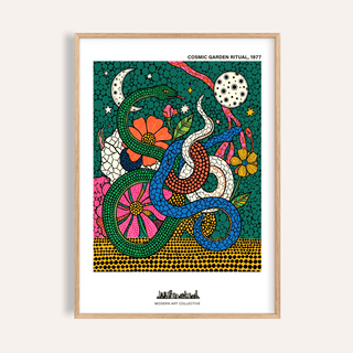 Framed Cosmic Garden Print showing three intertwined snakes in blue, green and white with a background of flowers and moon
