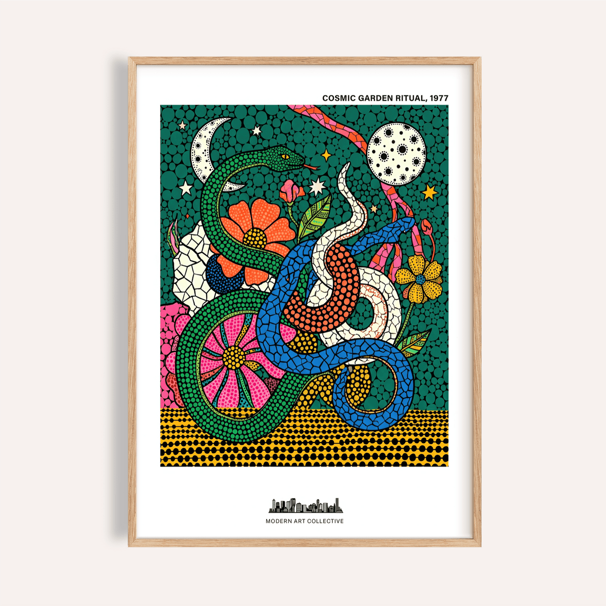 Framed Cosmic Garden Print showing three intertwined snakes in blue, green and white with a background of flowers and moon