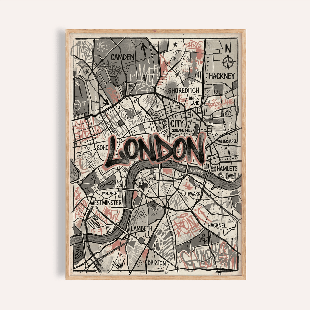 Framed London Map Art Print showing a street-art style map with black and beige tones and red graffiti marks