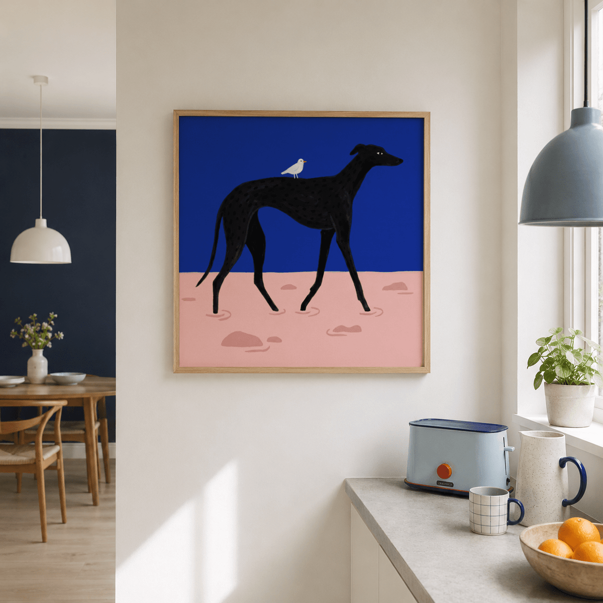 Abstract Black Dog Poster print of a black greyhound with a white bird in a kitchen with a toaster