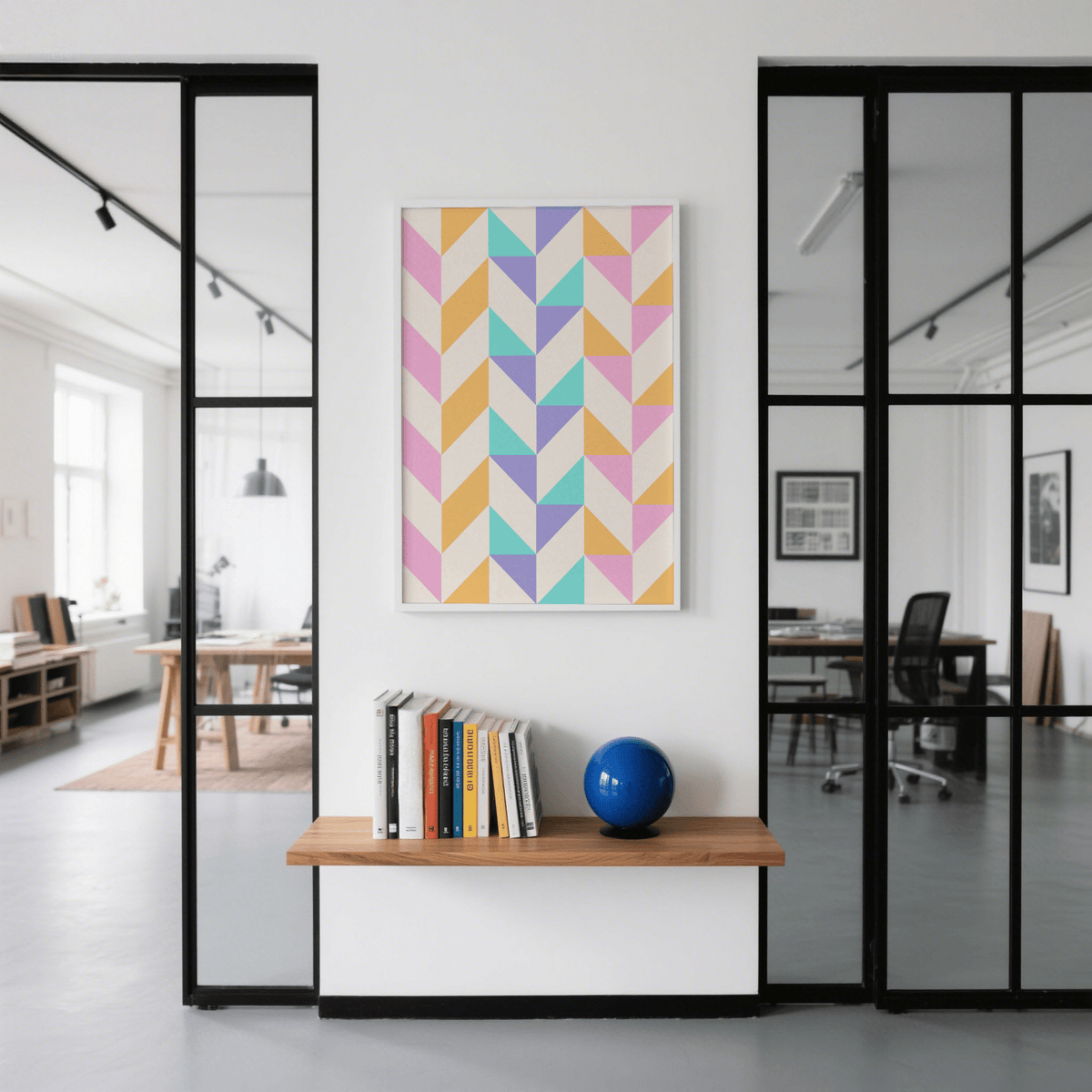 Geometric Pattern Print with colourful minimalist bauhaus design above a wooden shelf with books and a blue globe in an office