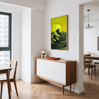 Abstract Ocean Art Print above a mid century sideboard in a bright dining area