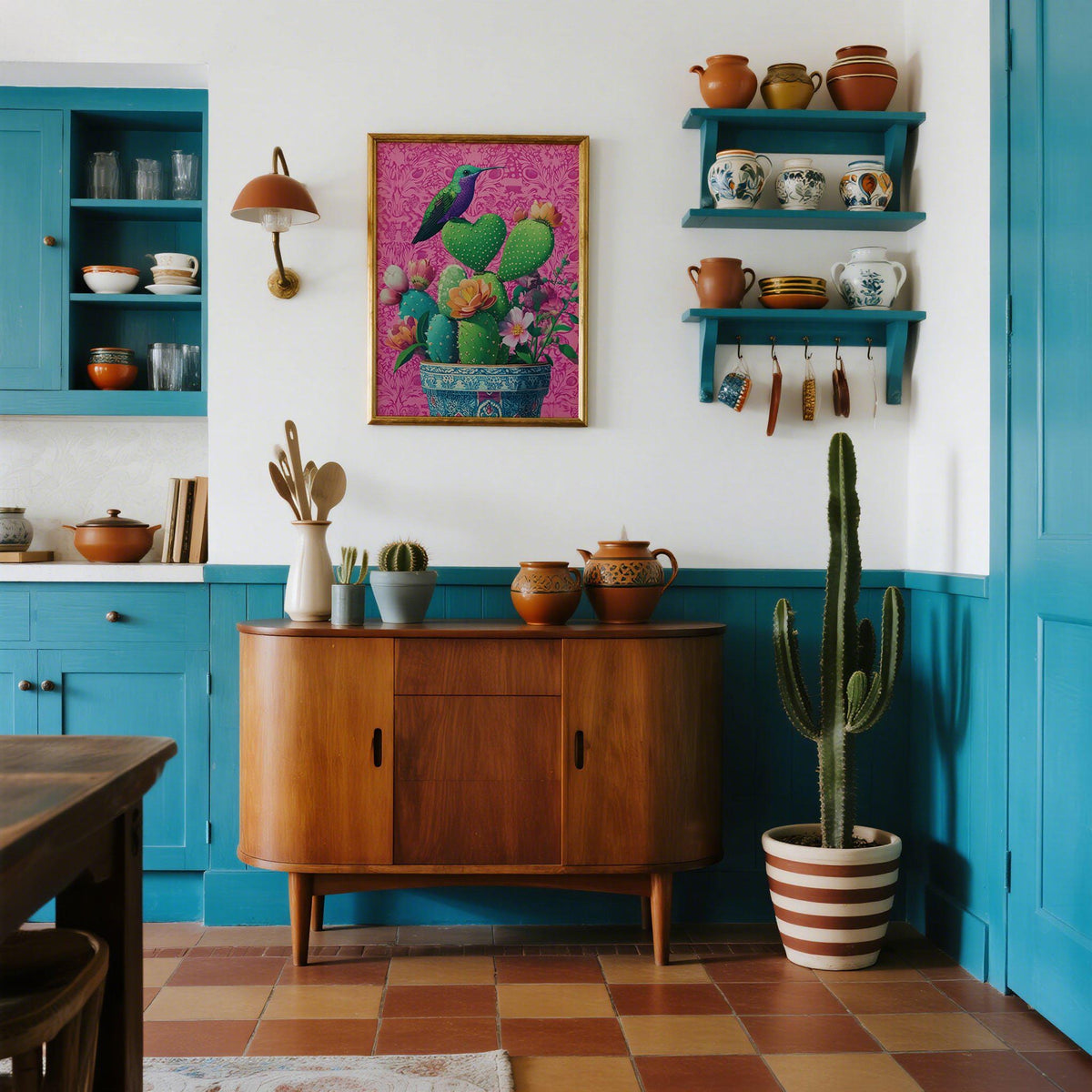 Print on a wall in a kitchen of heart shaped cactus with hummingbird on a pink background above a wooden sideboard