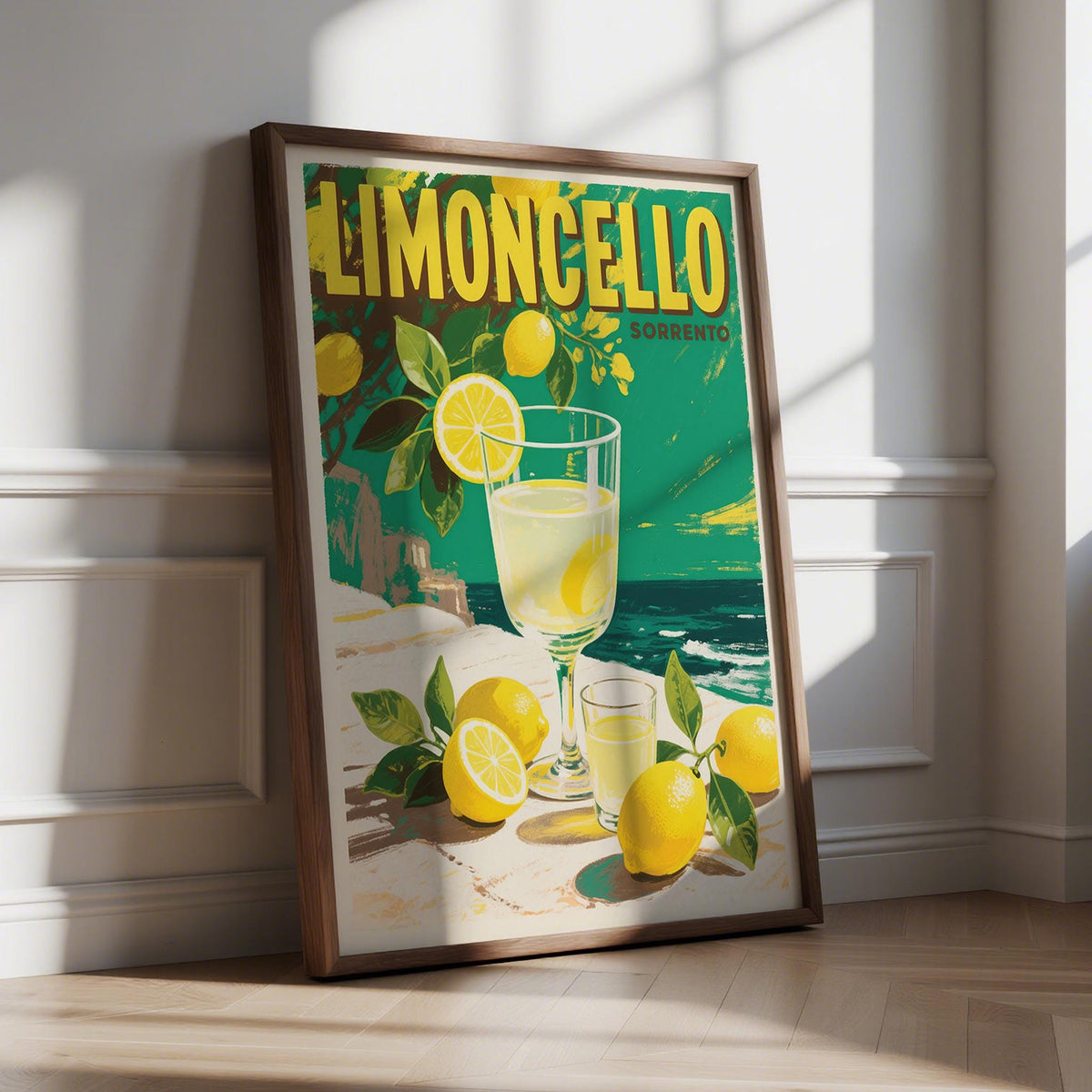 Print leaning on floor of limoncello drink with lemons vintage illustration in green and yellow tones
