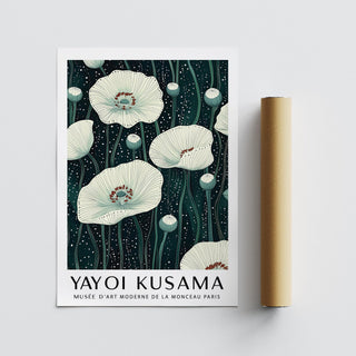 Poppy Prints wall art with white poppy flowers and green stems next to a brown packaging tube