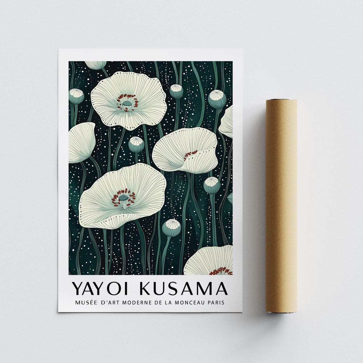 Poppy Prints wall art with white poppy flowers and green stems next to a brown packaging tube