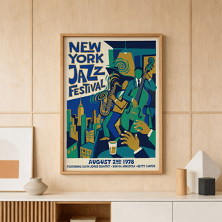 Framed Jazz Music Poster with jazz musicians in retro colours above a wooden cabinet