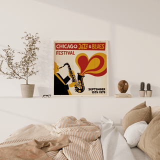 Print of Chicago Blues Poster with a saxophone player and red and yellow shapes above a bed