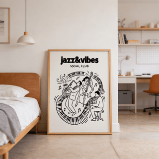 Jazz Music wall art leaning on the floor with a wooden frame near a bed in a minimal beige bedroom