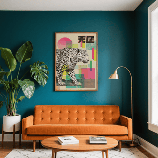 Abstract Leopard Print hanging above an orange sofa on a teal wall with a gold floor lamp