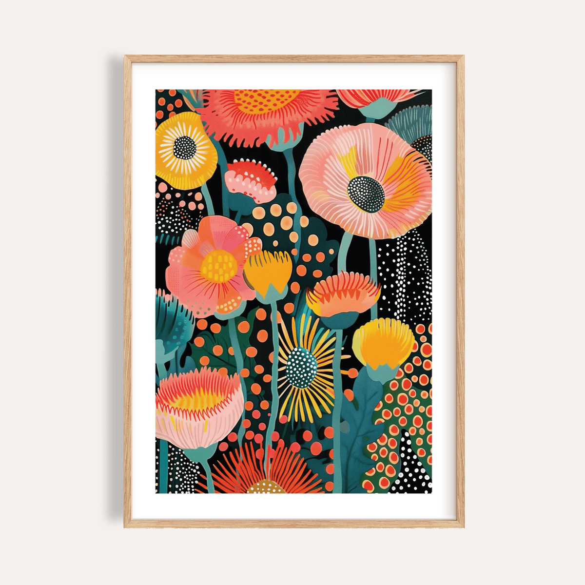 Tropical Floral Print framed print close-up showing colourful tropical flowers in illustration style