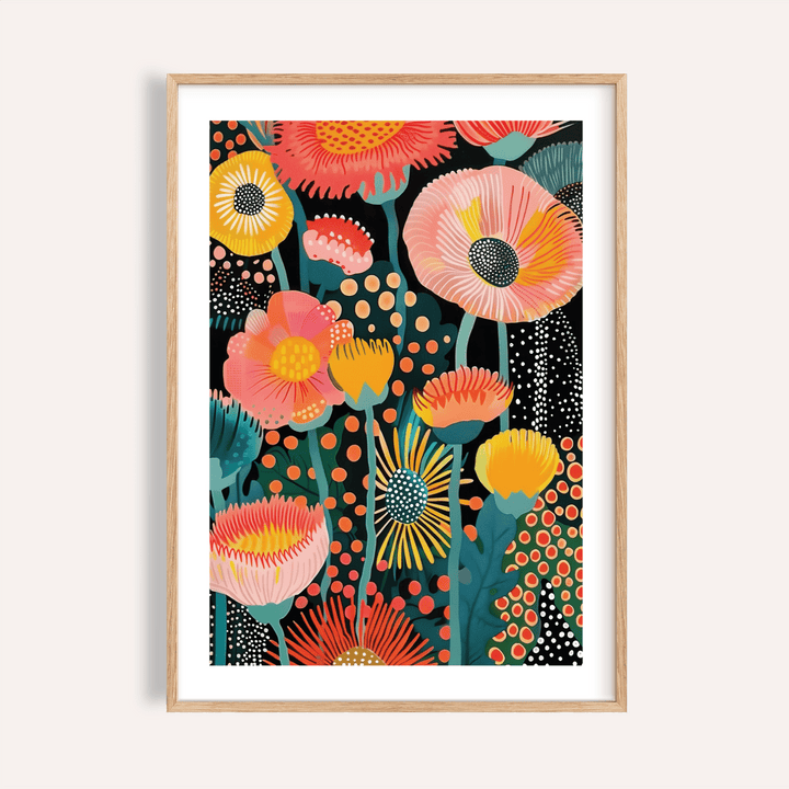 Tropical Floral Print framed print close-up showing colourful tropical flowers in illustration style