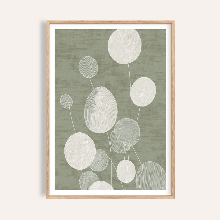 Minimalist Botanical Art Print framed close-up of abstract plant shapes in grey and cream