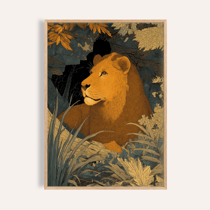 Framed wildlife art print with illustrated line-art lioness in muted orange and grey tones