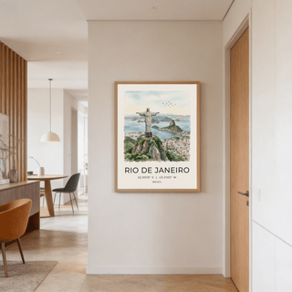 Cristo Redentor poster on a hallway wall showing a green and blue watercolour cityscape with statue and birds
